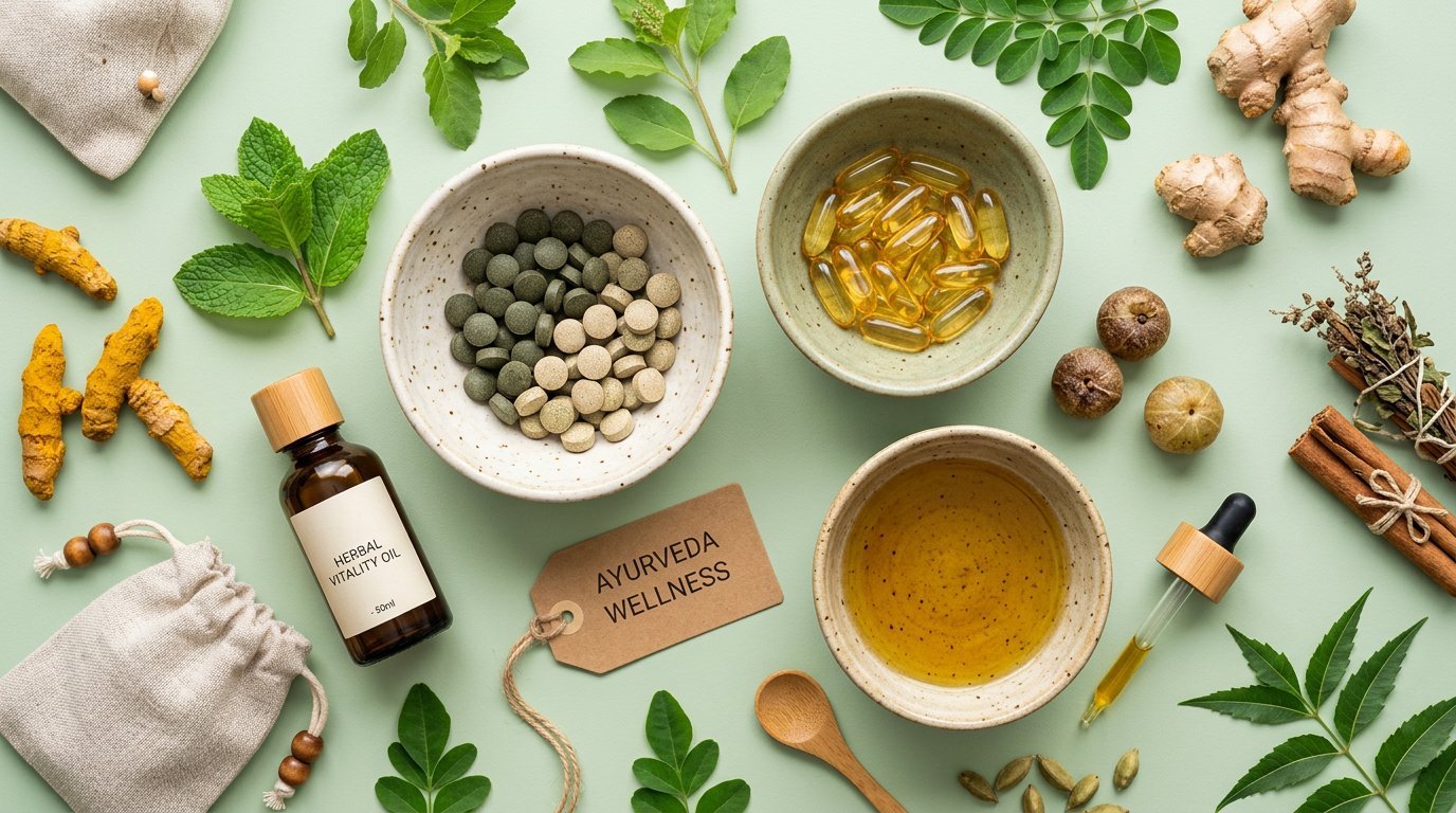 Authentic Ayurvedic wellness ingredients, herbal vitality oil, and natural tablets