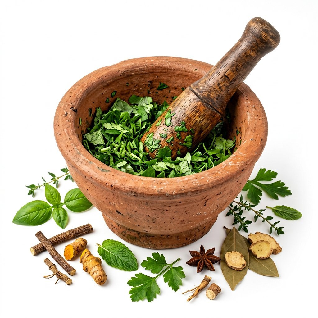 Traditional clay mortar and pestle with fresh crushed medicinal herbs and botanicals