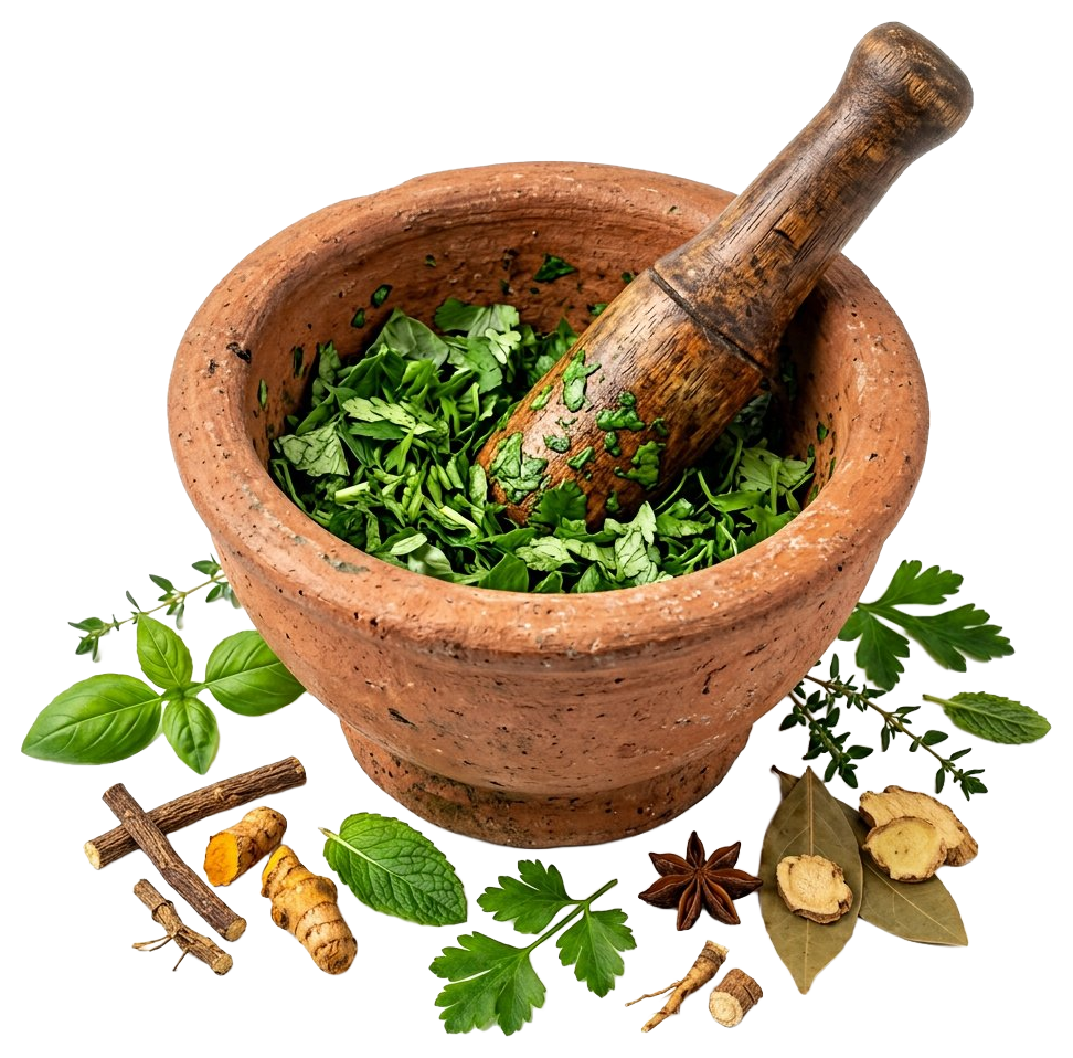 Terracotta mortar and pestle with fresh herbs