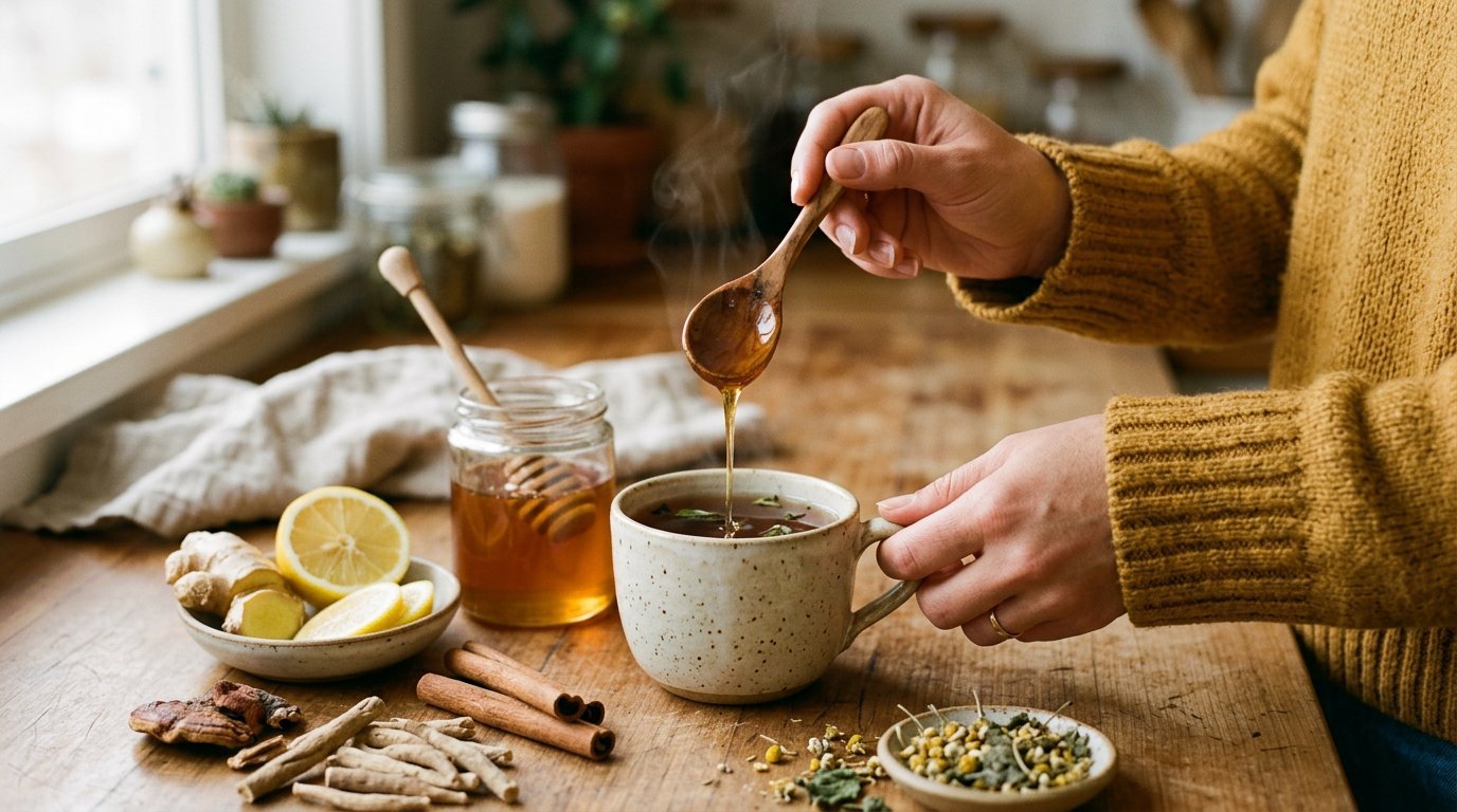 Mindful preparation of herbal tea with organic honey and roots