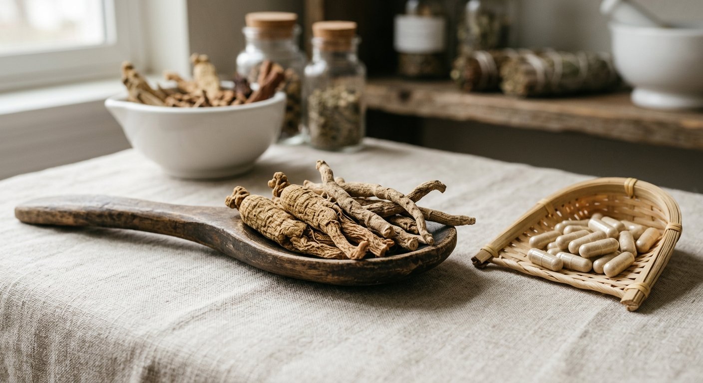 Traditional botanicals and capsules arranged on a natural linen surface